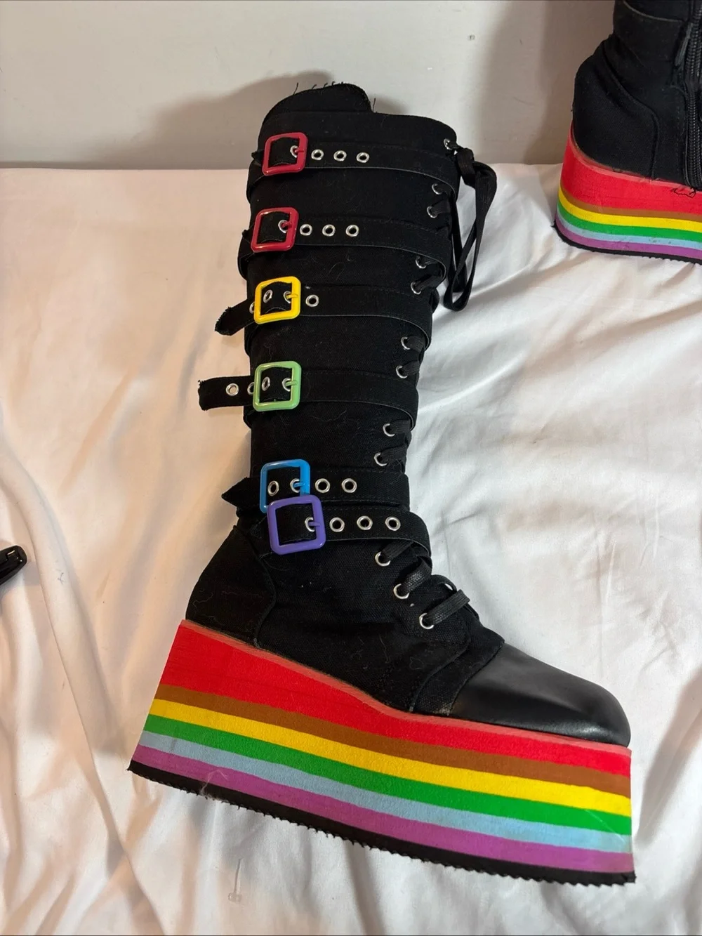Black Lace-Up Platform Boots with Rainbow Sole